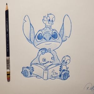 Disney Lilo and Stitch reading with ducks Drawing/sketch animation art signed